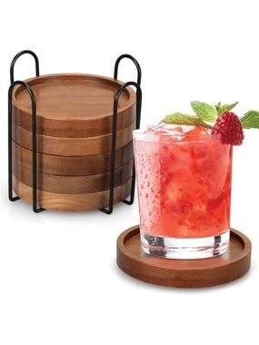 Acacia Wood Coasters Set with Holder Rustic Drink Coasters for Coffee Table Bar